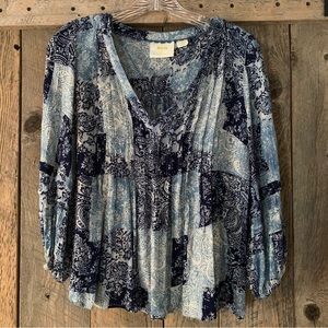 Women’s XS MAEVE ANTHROPOLOGIE Cathy Pleated Blue Paisley Floral Top Blouse EXC